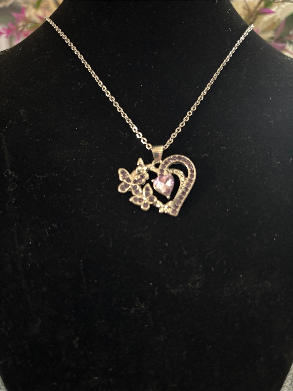 Silver-Tone Heart & Butterfly Necklace w/Light Purple Crystal. BUNDLE 3 for $30 - Picture 2 of 2